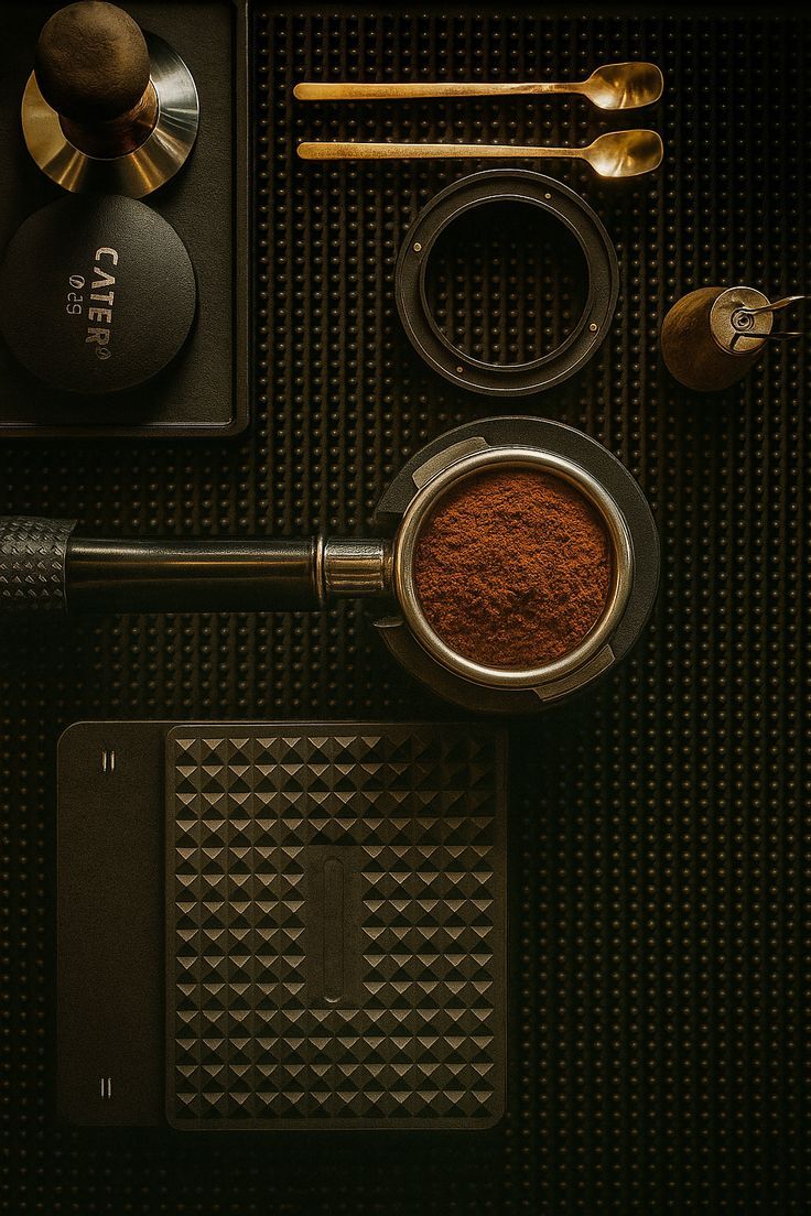 Coffee bar tools and fresh grounds