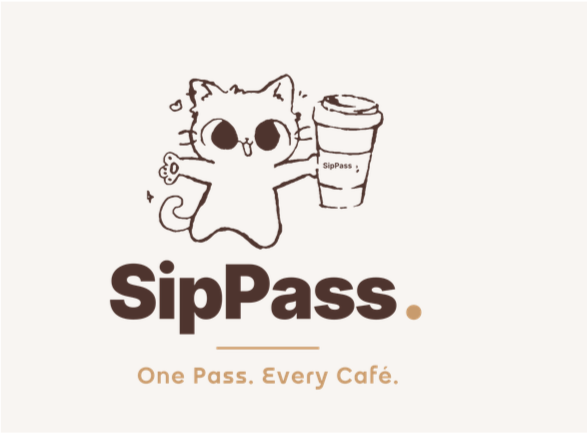 SipPass cat mascot and coffee cup logo